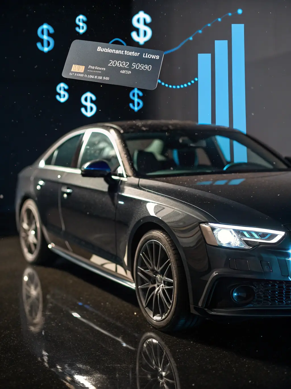 A digital illustration of a credit score being bypassed by a luxury car, visually representing the 'no credit check' benefit.