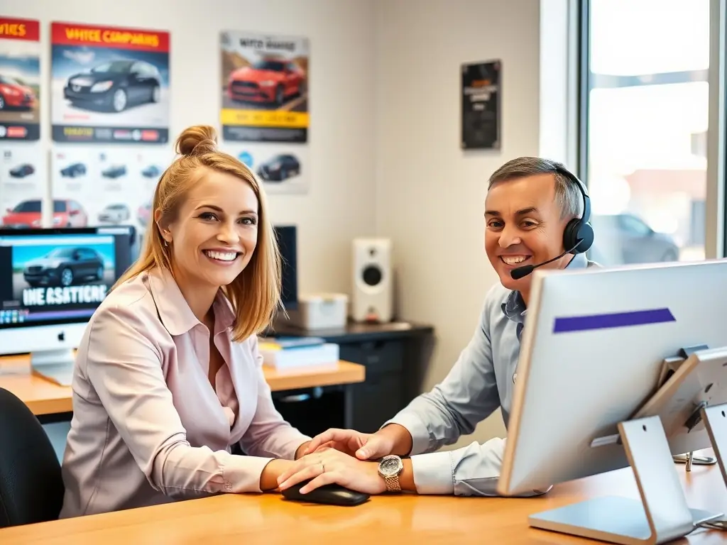 A customer service representative assisting a client with paperwork, emphasizing the smooth and efficient transfer process at Prixmaxleasing.